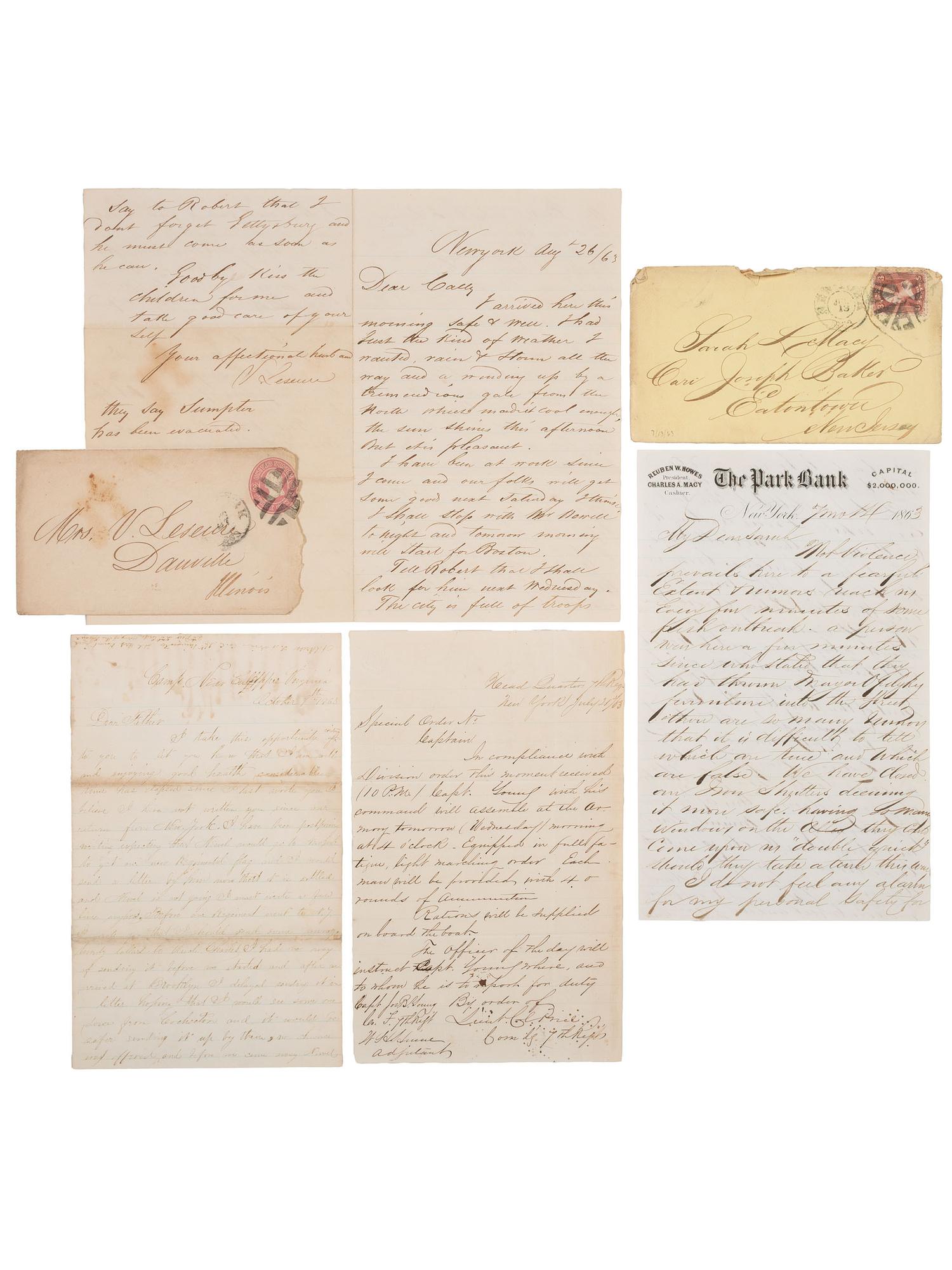 [CIVIL WAR] -- [DRAFT RIOTS]. Archive related to the New York City Draft Riots of 1863, incl. substitute bounty forms, correspondence, damage reimbursement checks, and more.
