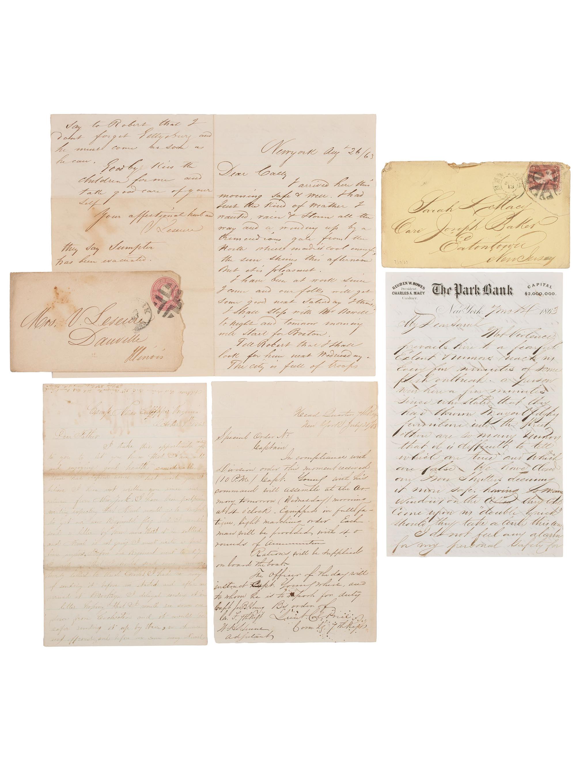[CIVIL WAR] -- [DRAFT RIOTS]. Archive related to the New York City Draft Riots of 1863, incl. substitute bounty forms, correspondence, damage reimbursement checks, and more.
