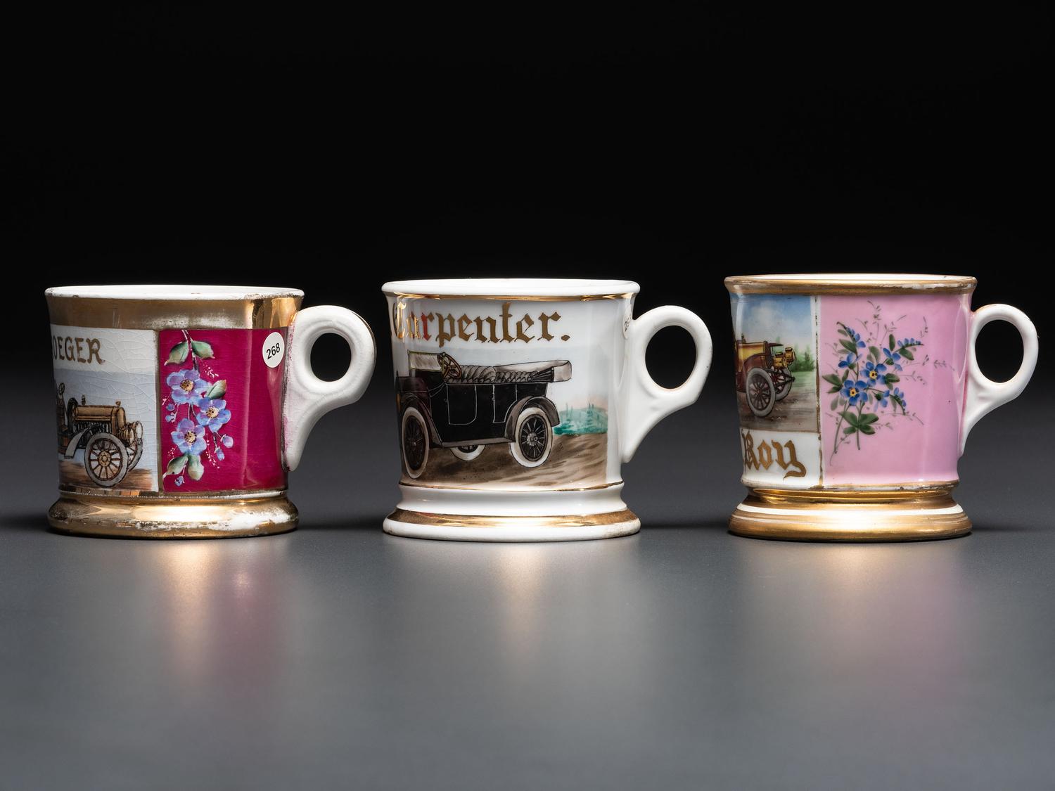 Three Open Touring Car Porcelain Occupational Shaving Mugs