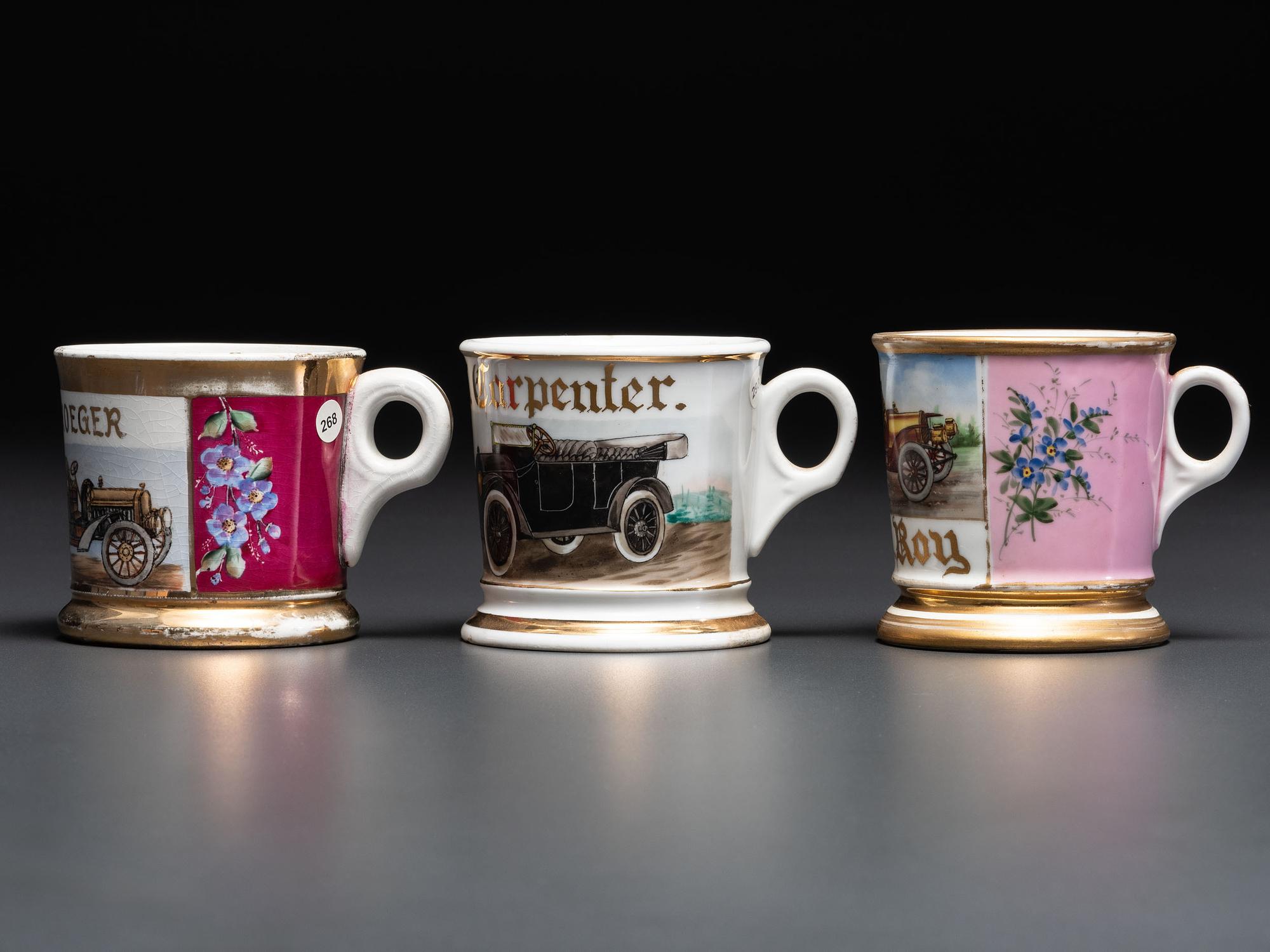 Three Open Touring Car Porcelain Occupational Shaving Mugs