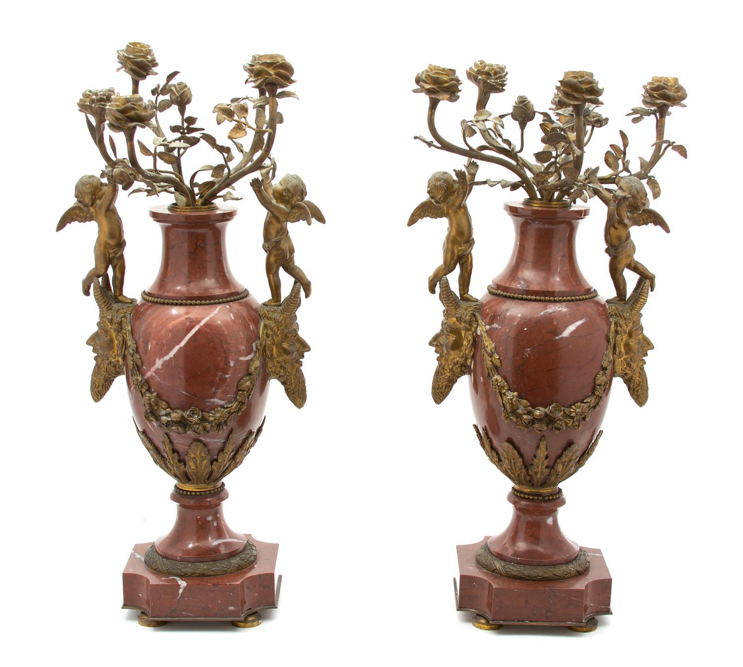 A Pair of Louis XVI Stlye Rouge Marble and Gilt Bronze Mounted Urns Height 25 x diameter 10 1/2 inches. — 19TH CENTURY