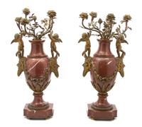 A Pair of Louis XVI Stlye Rouge Marble and Gilt Bronze Mounted Urns Height 25 x diameter 10 1/2 inches. — 19TH CENTURY