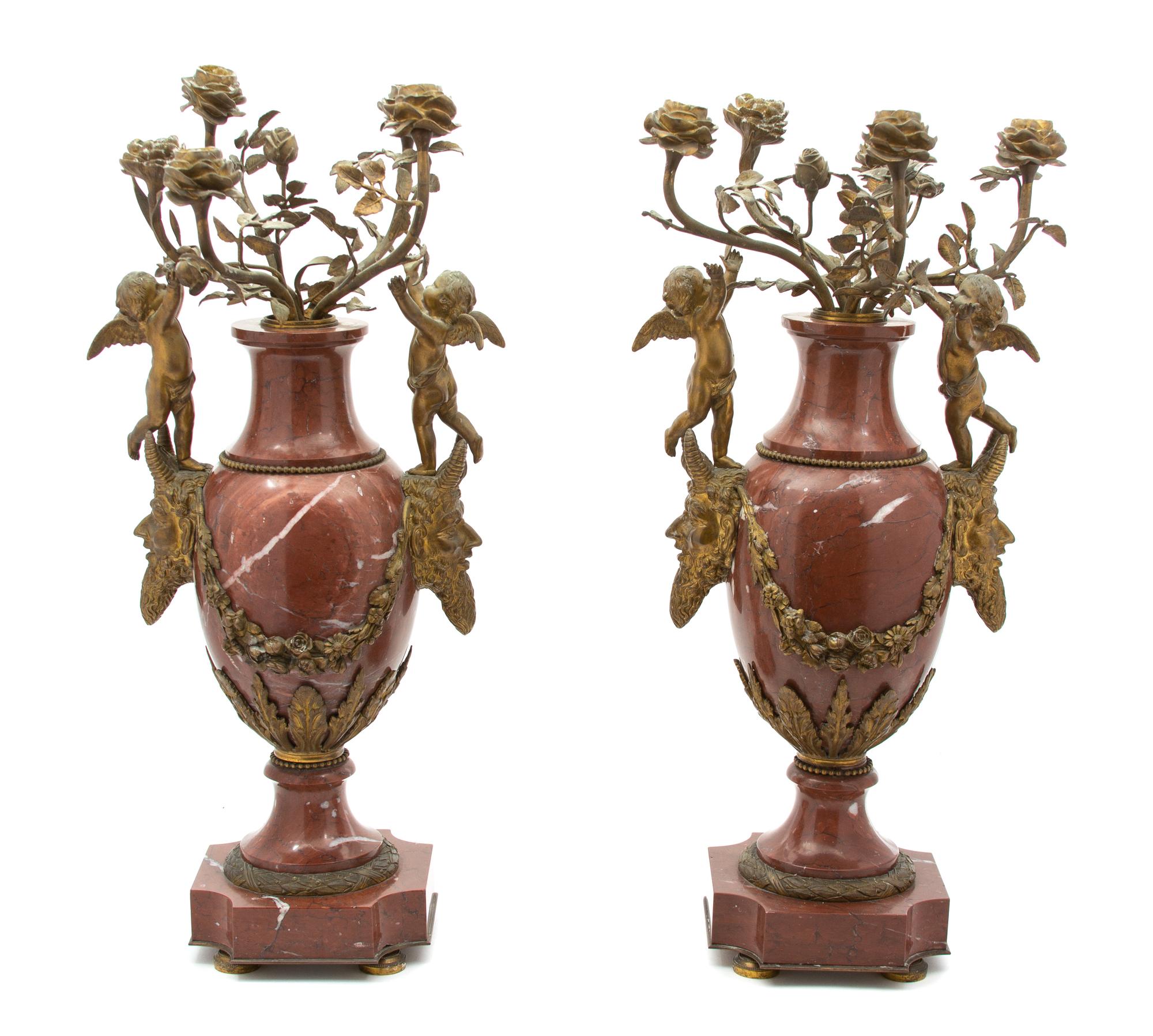 A Pair of Louis XVI Stlye Rouge Marble and Gilt Bronze Mounted Urns Height 25 x diameter 10 1/2 inches. — 19TH CENTURY