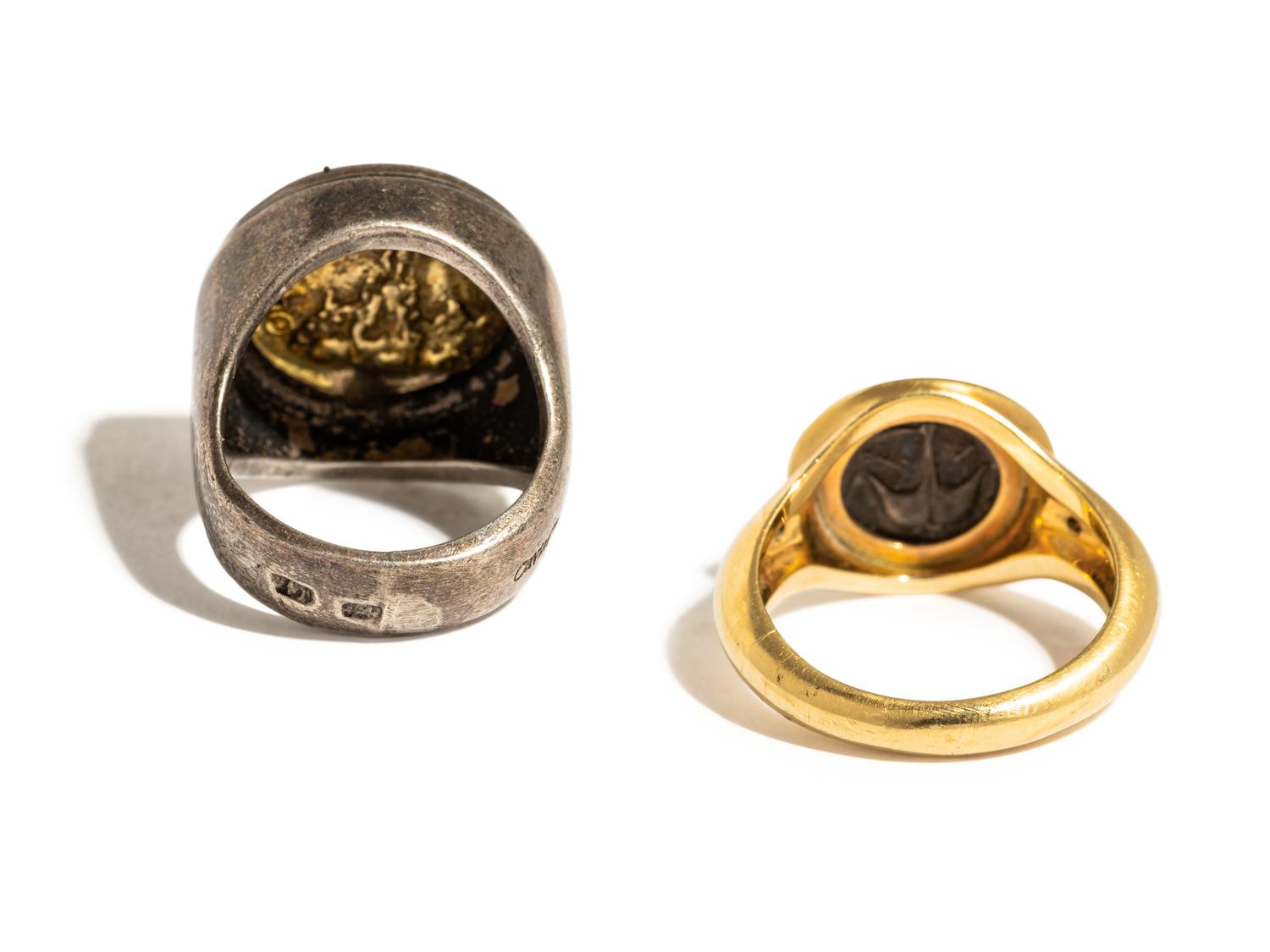 Two Greek Silver Coins — Set in silver and gold rings
