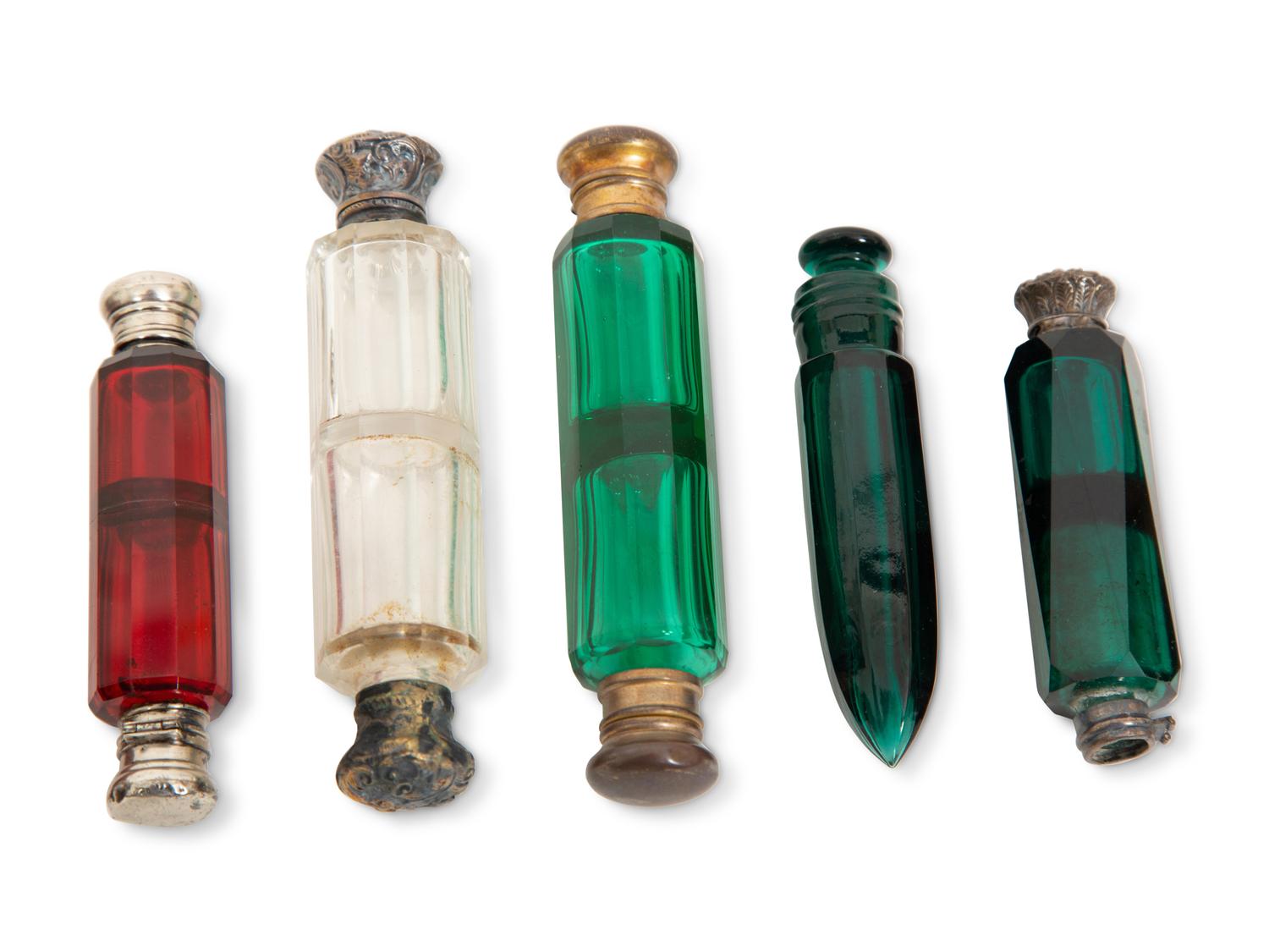 Eight English Silver or Brass-Mounted Glass Scent Bottles