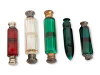 Eight English Silver or Brass-Mounted Glass Scent Bottles