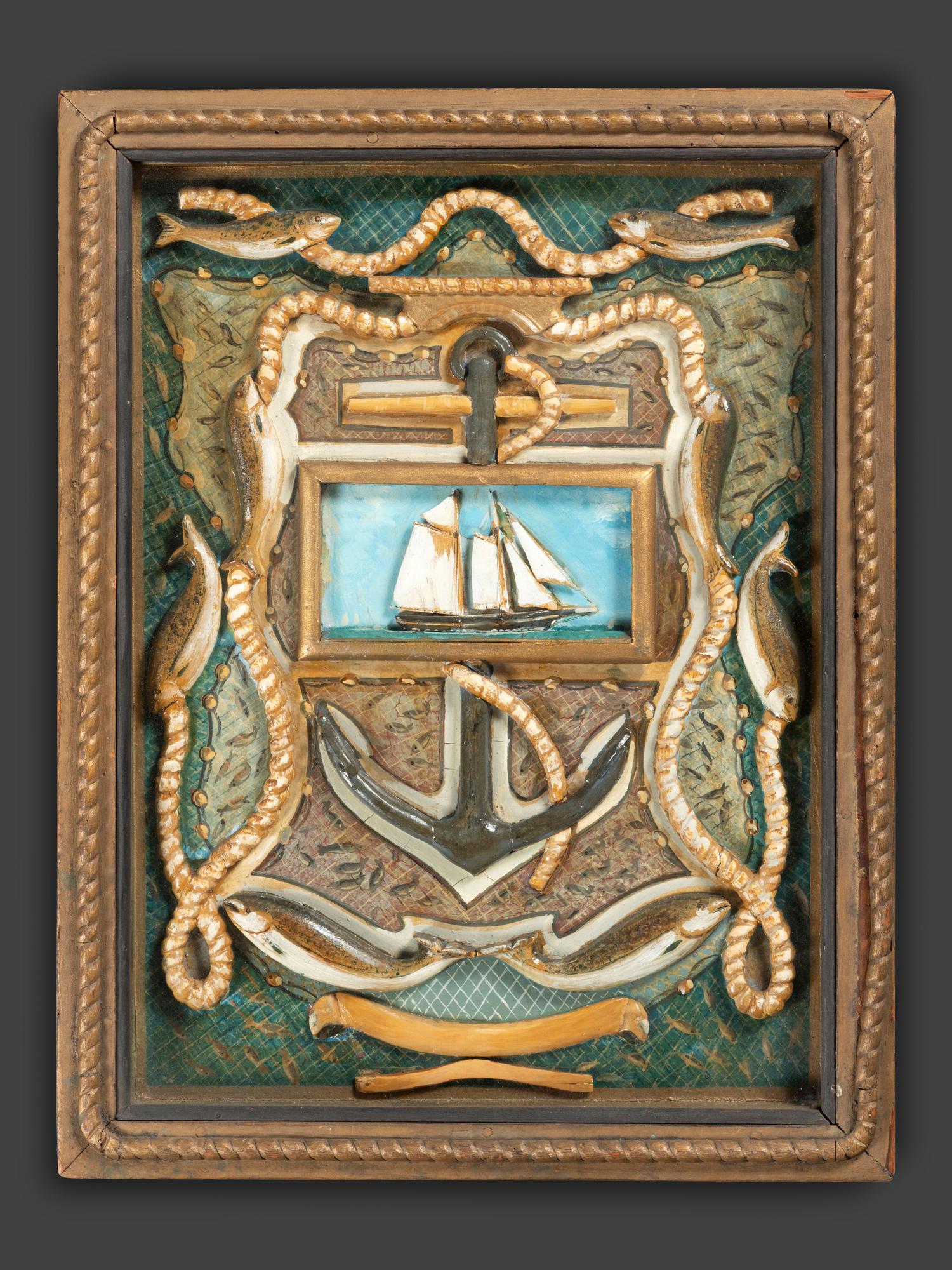 A Nautical Folk Art Carved and Painted Wood Panel