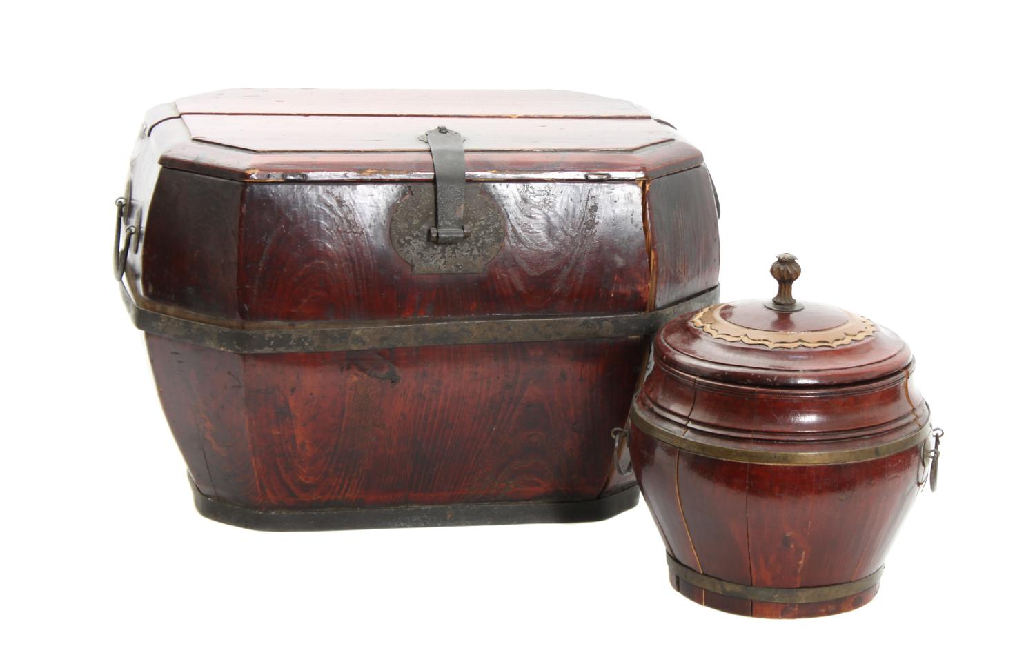 Two Chinese Lacquered Wood Boxes Height 11 1/2 x width 15 1/2 x depth 11 1/2 inches (larger)