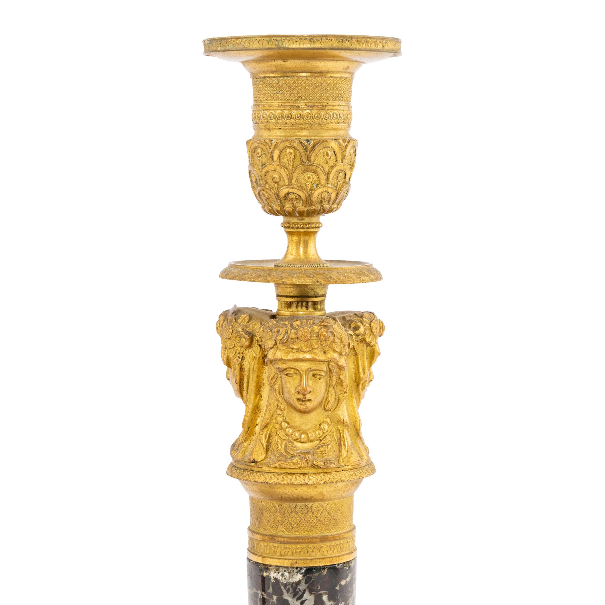 A Pair of Empire Style Gilt-Bronze and Marble Candlesticks