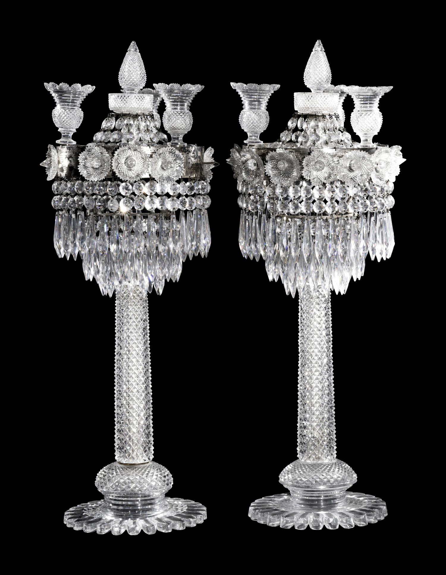 A Pair of Large Bristol Cut Glass Three-Light Candelabra