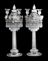 A Pair of Large Bristol Cut Glass Three-Light Candelabra