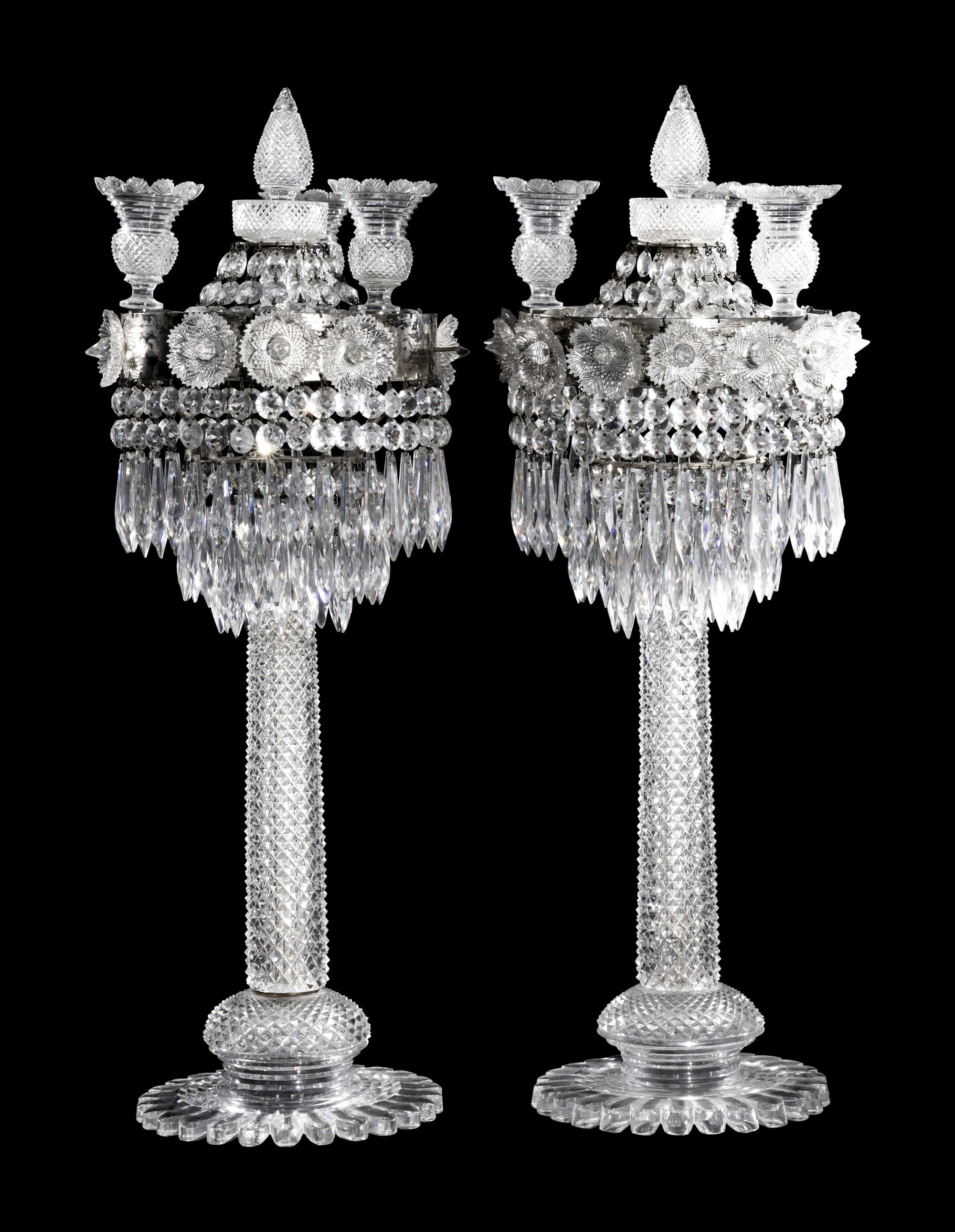 A Pair of Large Bristol Cut Glass Three-Light Candelabra