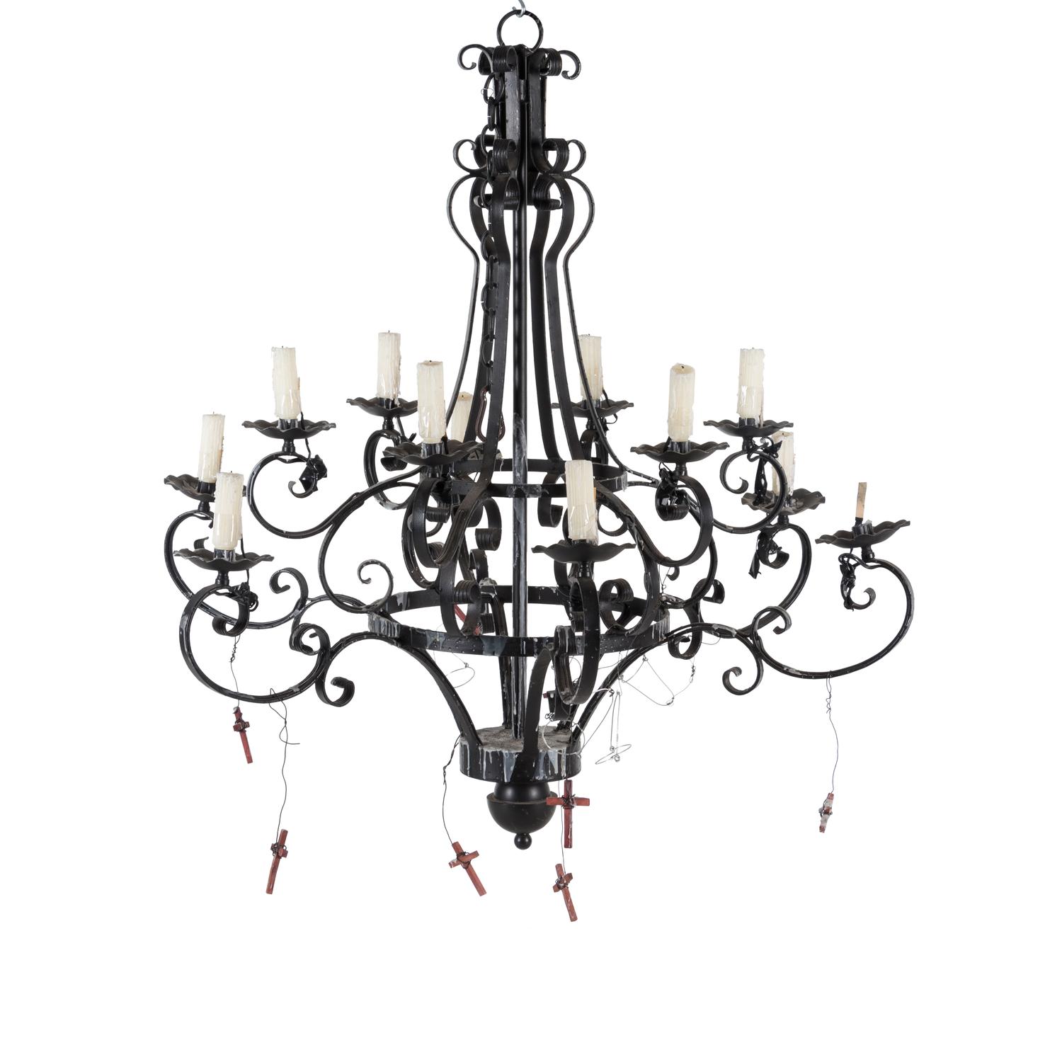 A Black-Painted Wrought Metal Twelve-Light Chandelier