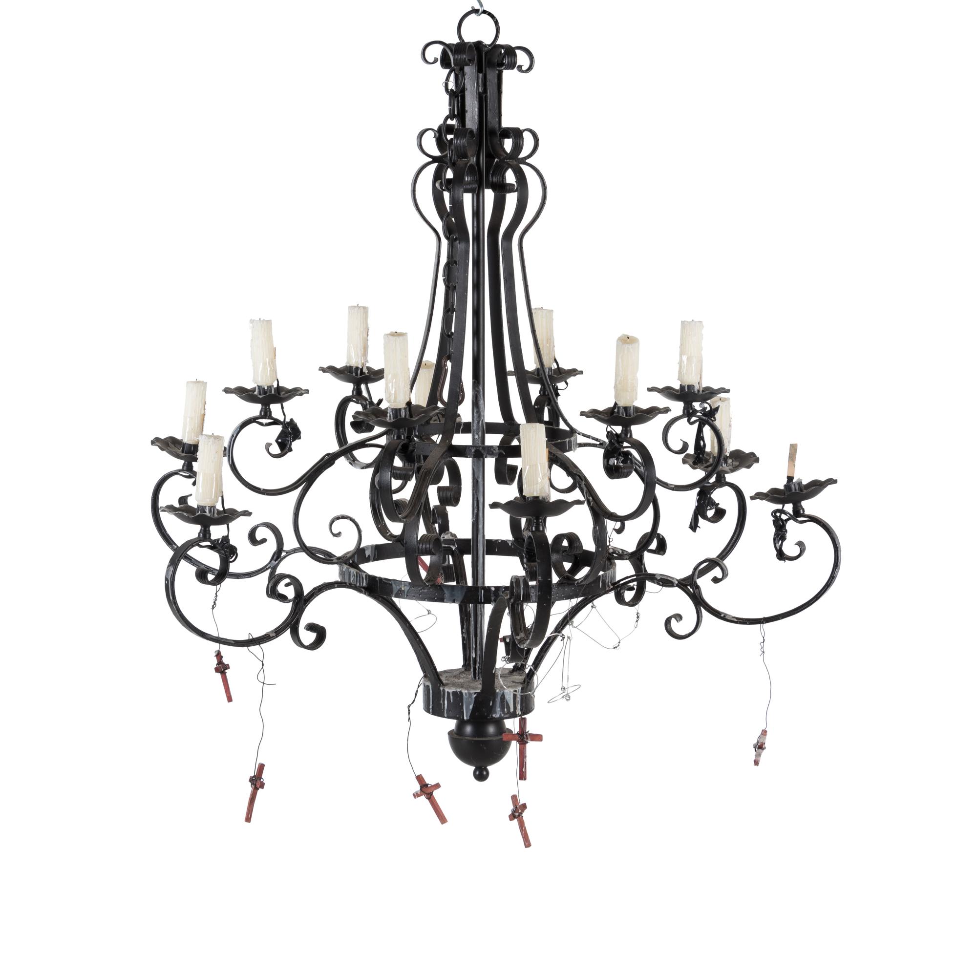 A Black-Painted Wrought Metal Twelve-Light Chandelier