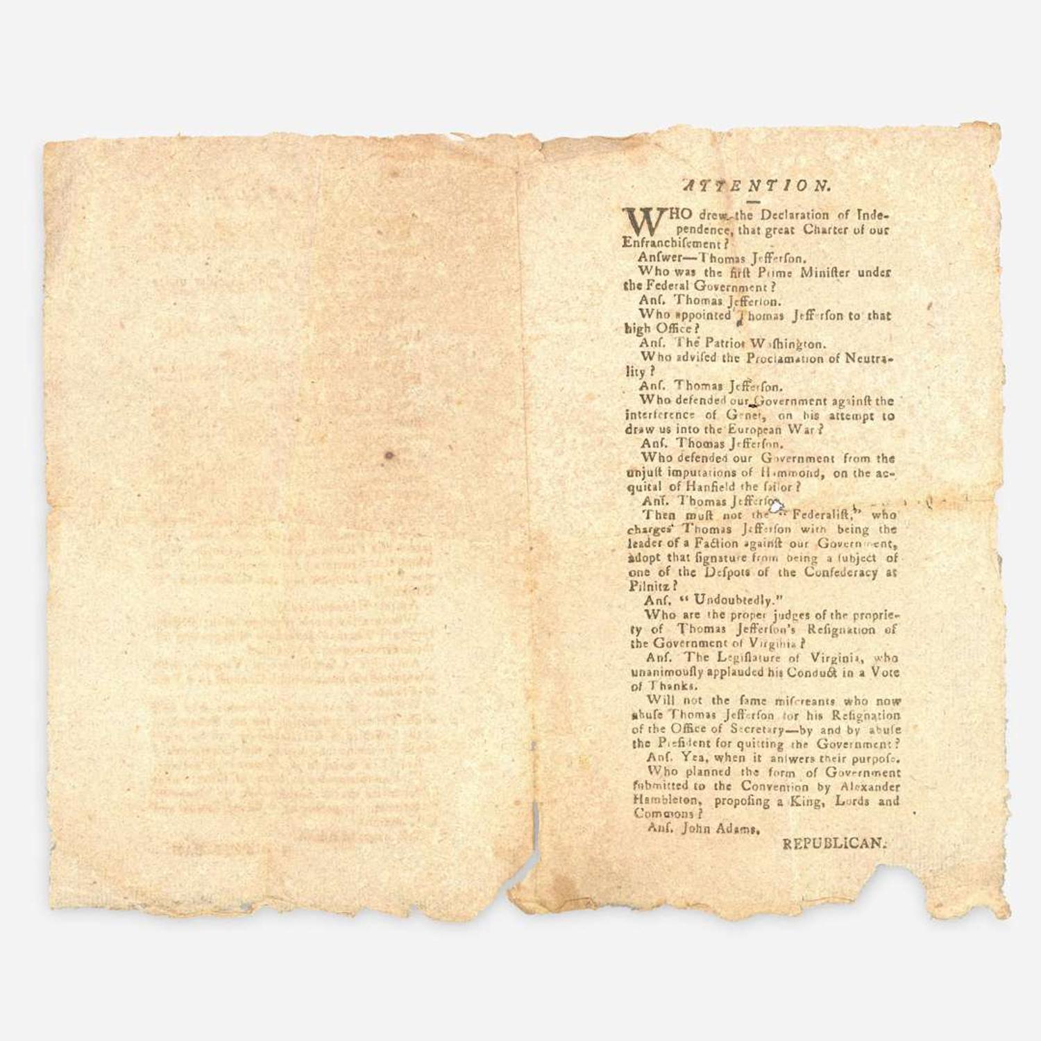 [Americana] [Jefferson, Thomas, and John Adams] Printed 1796 Presidential Campaign Handbill