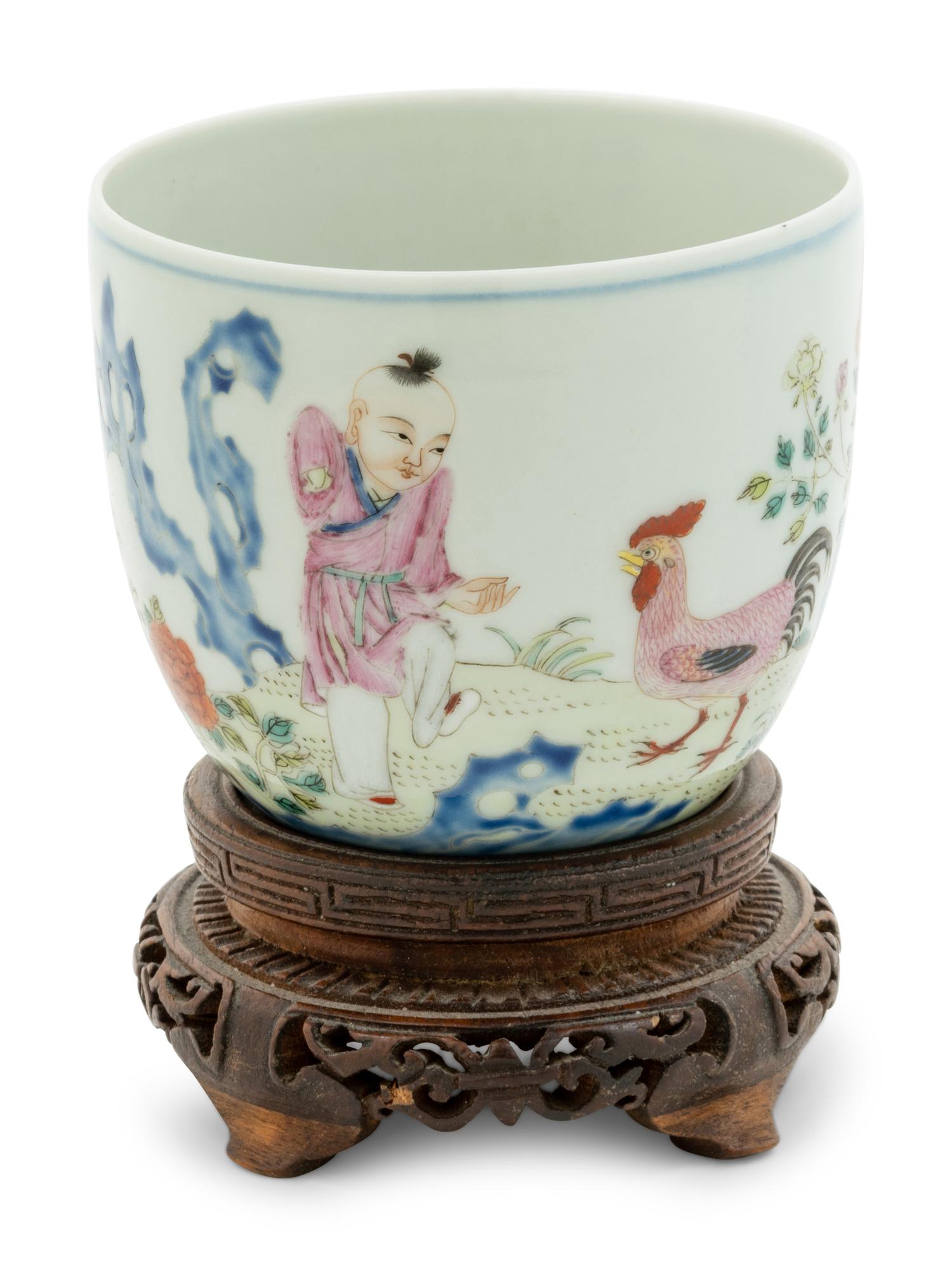 A Famille Rose 'Boy and Chicken' Porcelain Cup