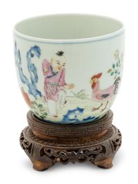 A Famille Rose 'Boy and Chicken' Porcelain Cup