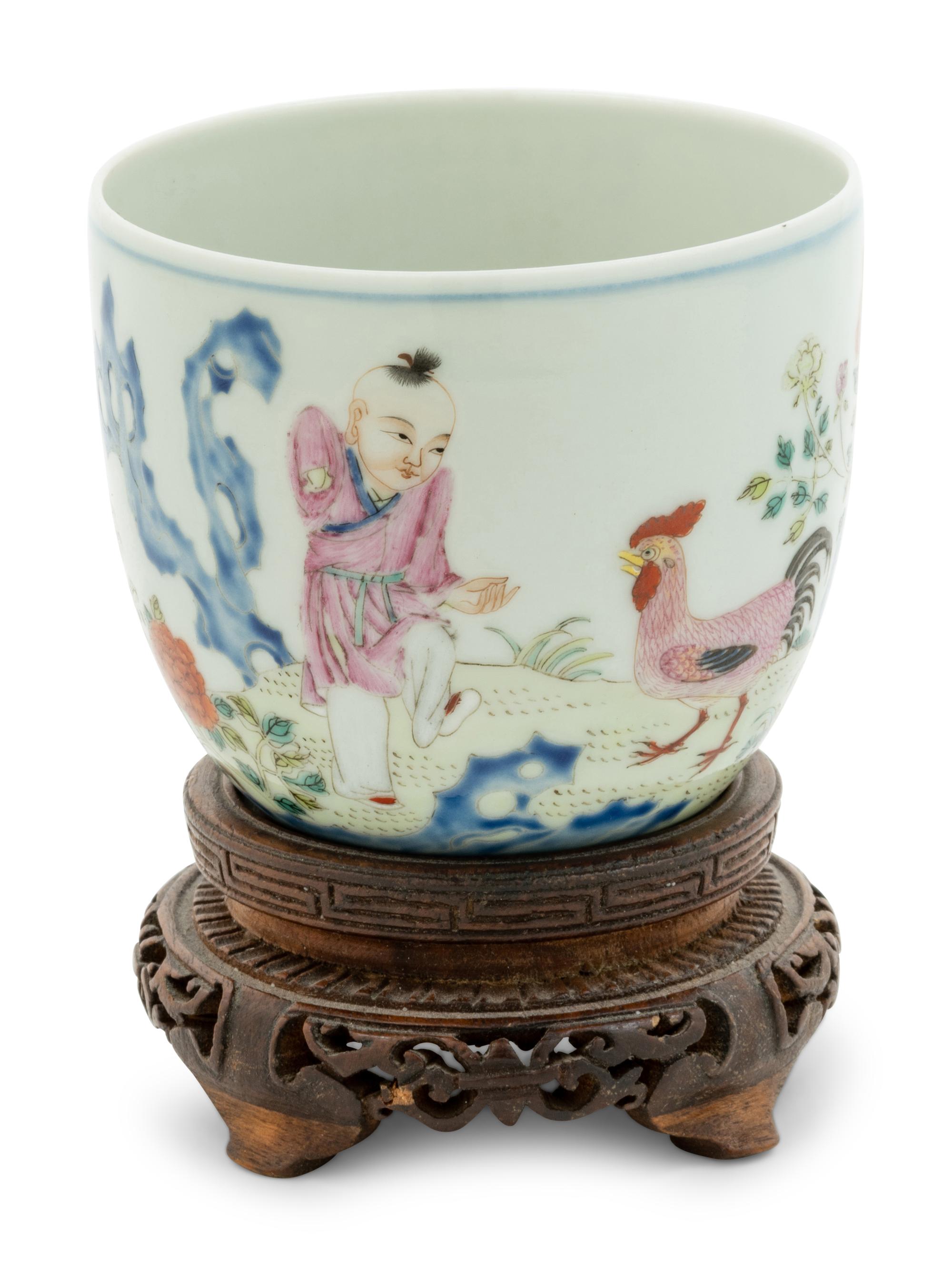 A Famille Rose 'Boy and Chicken' Porcelain Cup
