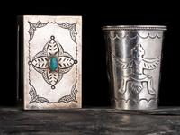 Sterling Silver Knifewing Shot Glass, PLUS a Navajo Silver and Turquoise Match Box Cover