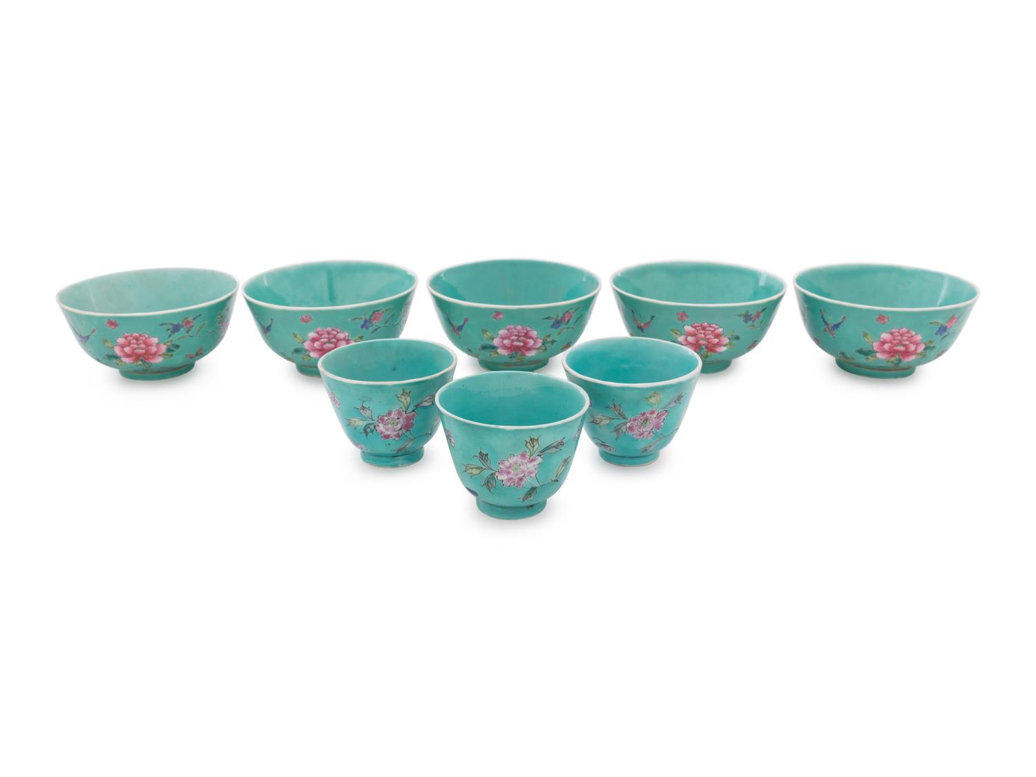 Ten Chinese Turquoise Ground Famille Rose Porcelain Articles