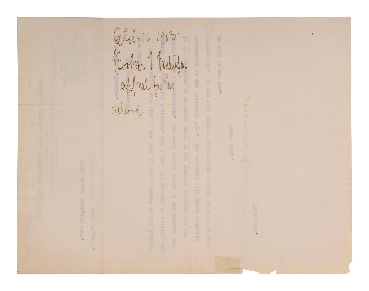 WASHINGTON, Booker T. (1856-1915). Typed letter signed to Everett P. Wheeler. Tuskegee, AL, 1903.