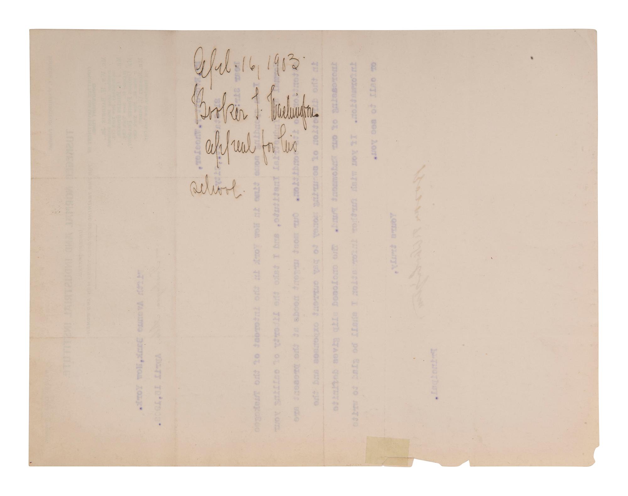 WASHINGTON, Booker T. (1856-1915). Typed letter signed to Everett P. Wheeler. Tuskegee, AL, 1903.