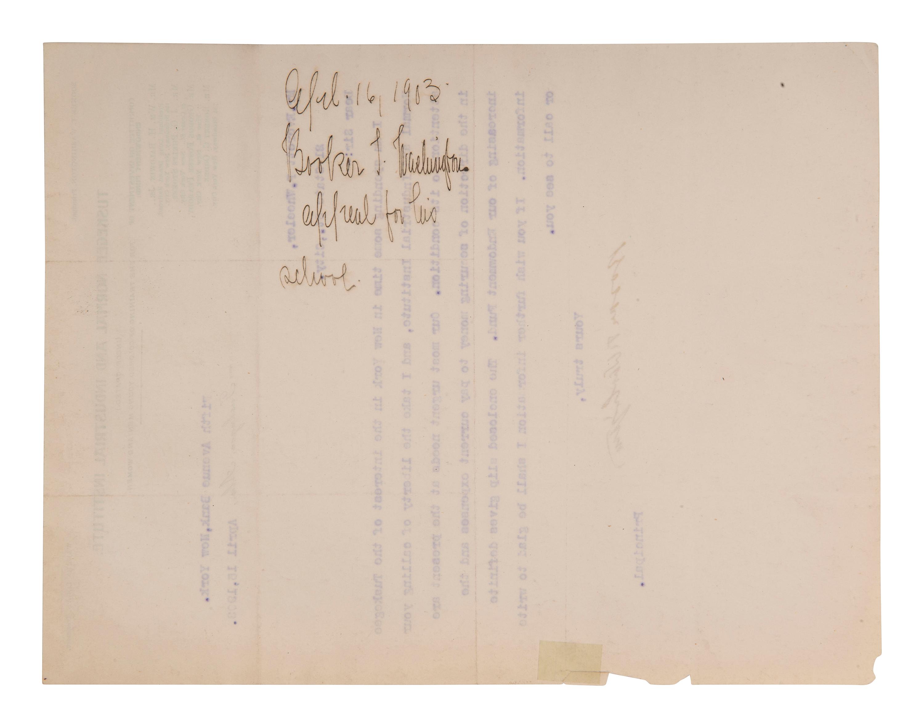 WASHINGTON, Booker T. (1856-1915). Typed letter signed to Everett P. Wheeler. Tuskegee, AL, 1903.