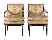 A Pair of Regency Style Painted and Parcel Gilt Armchairs
