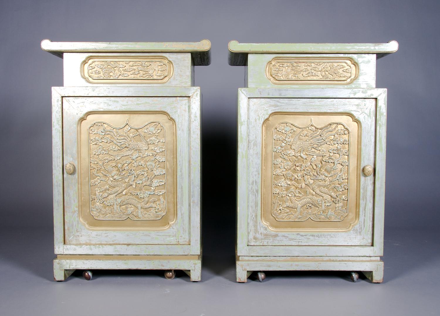 A Pair of Silvered Side Cabinets, attributed to James Mont, Height 31 5/8 x width 21 3/4 x depth 15 1/8 inches.
