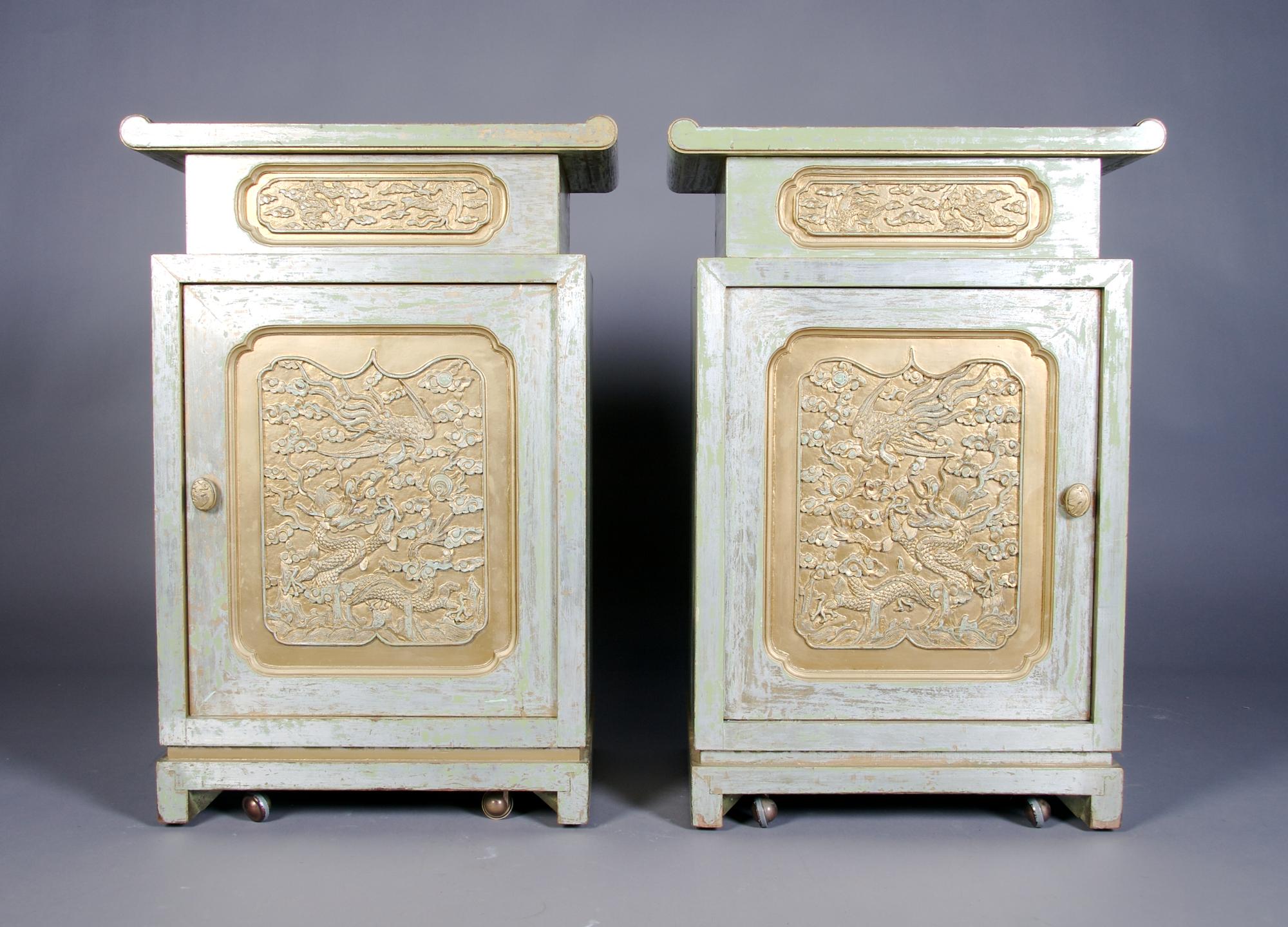 A Pair of Silvered Side Cabinets, attributed to James Mont, Height 31 5/8 x width 21 3/4 x depth 15 1/8 inches.