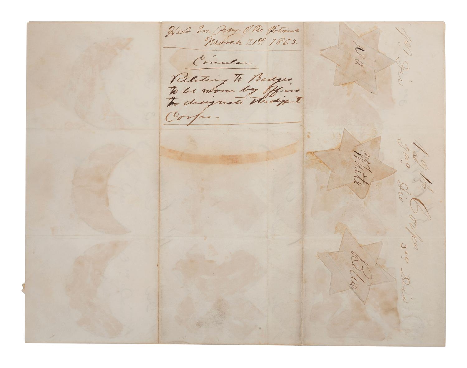 Manuscript circular in which Major General Joseph Hooker orders the use of corps badges in the Army of the Potomac. Headquarters, Army of the Potomac. 21 March 1863.