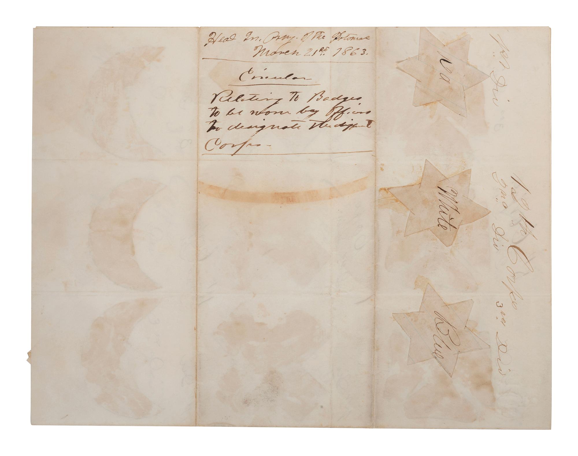 Manuscript circular in which Major General Joseph Hooker orders the use of corps badges in the Army of the Potomac. Headquarters, Army of the Potomac. 21 March 1863.
