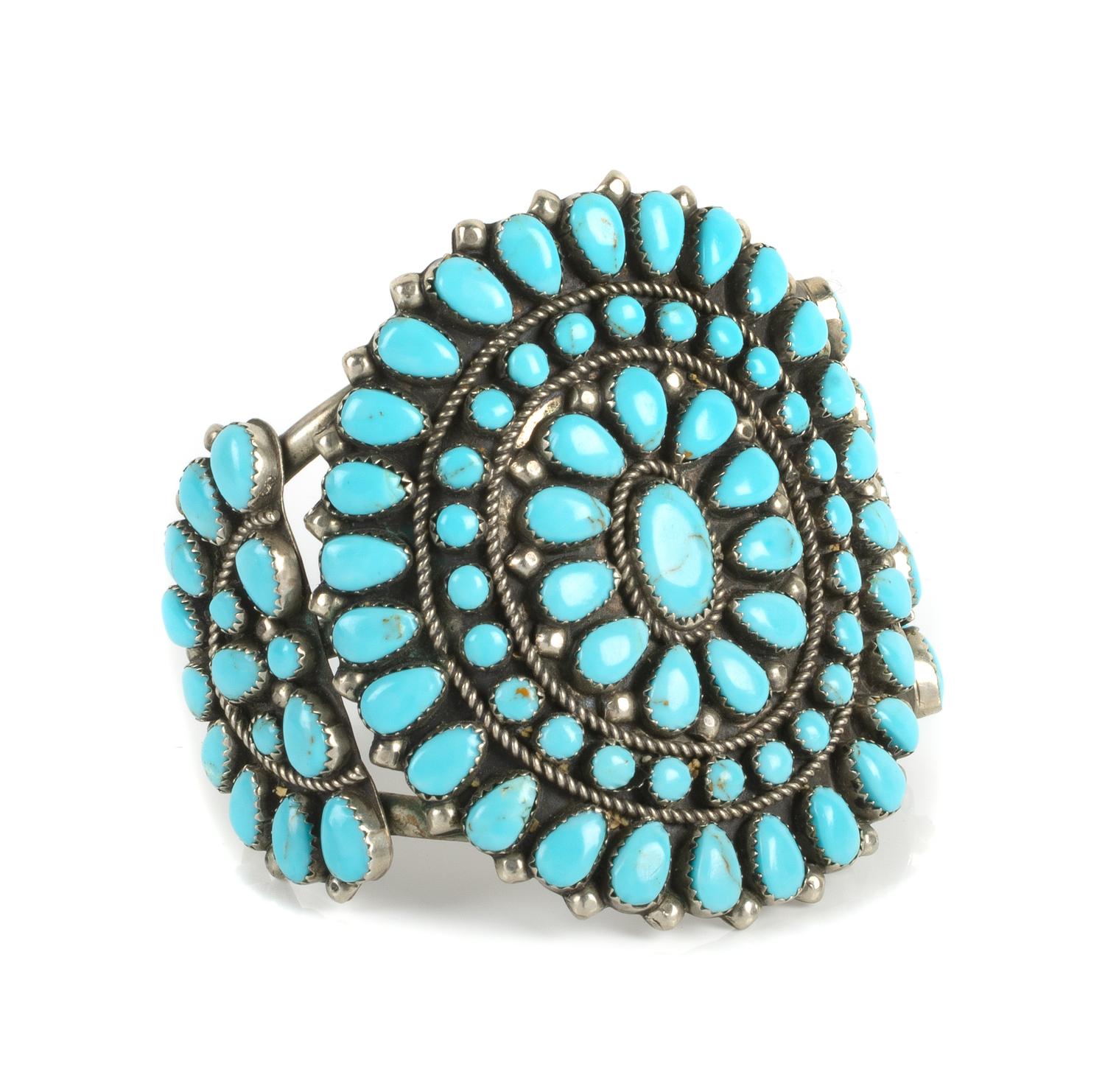 Southwestern Silver and Turquoise Cluster Bracelet Length 6 x opening 1 1/4 x width 3 inches