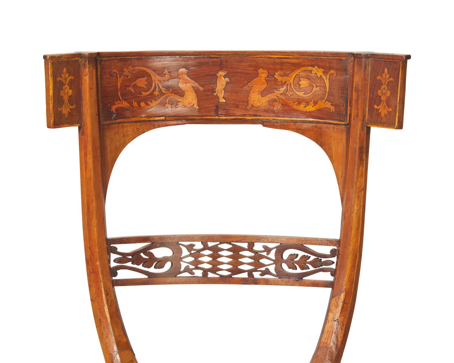 A fine pair of Italian Neoclassical marquetry fruitwood side chairs, early 19th century