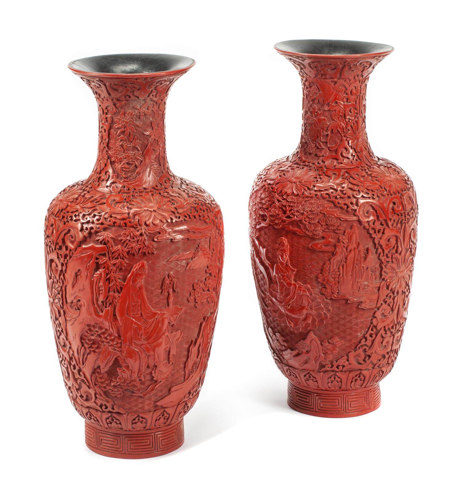A Pair of Chinese Cinnabar Vases Height 25 x diameter 11 inches.