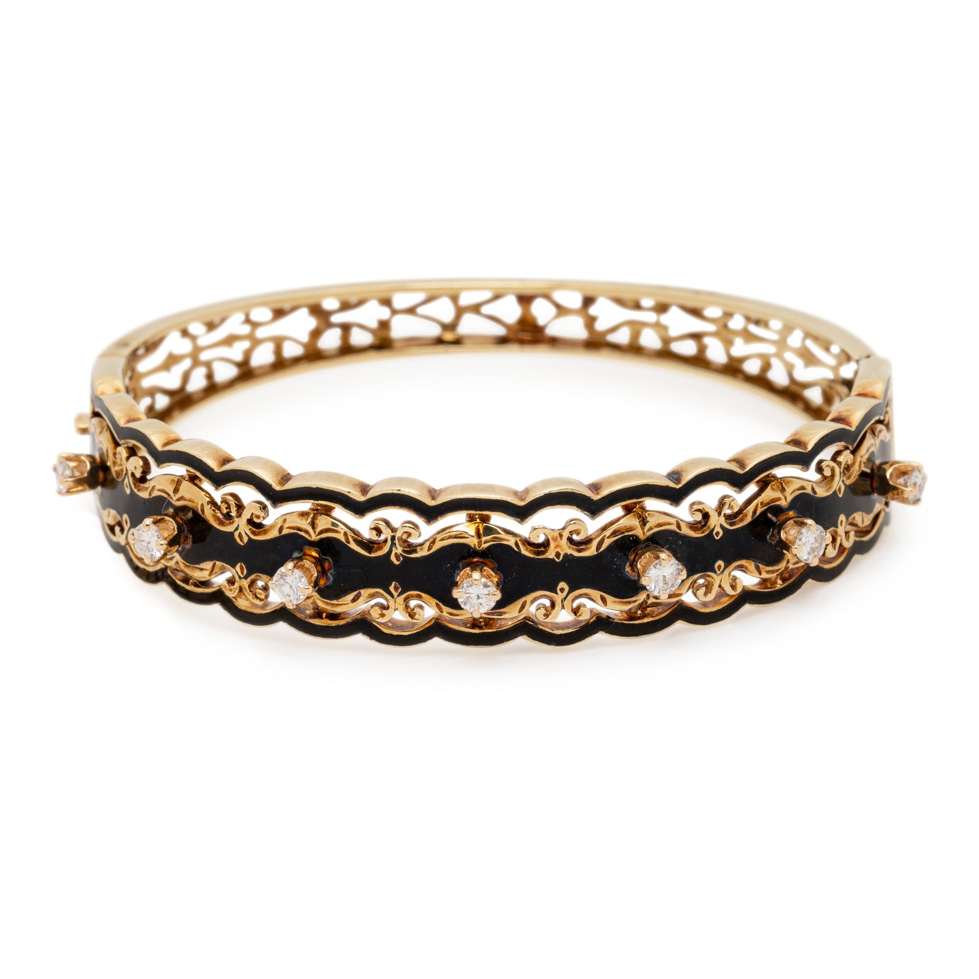 YELLOW GOLD, DIAMOND AND ENAMEL BANGLE BRACELET