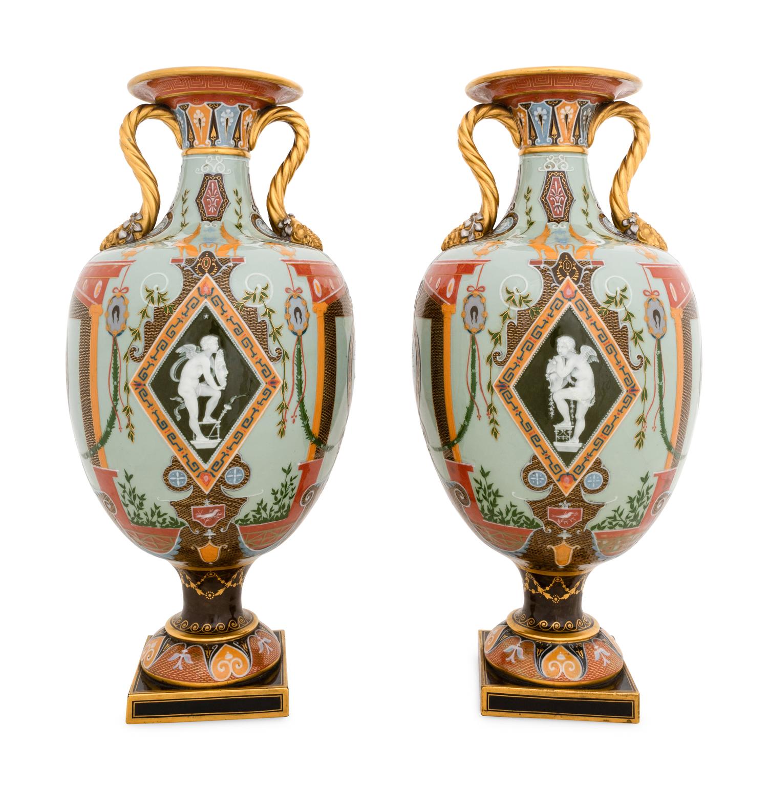 A Fine Pair of Mintons Pâte-sur-Pâte Celadon-Ground Exhibition Vases
