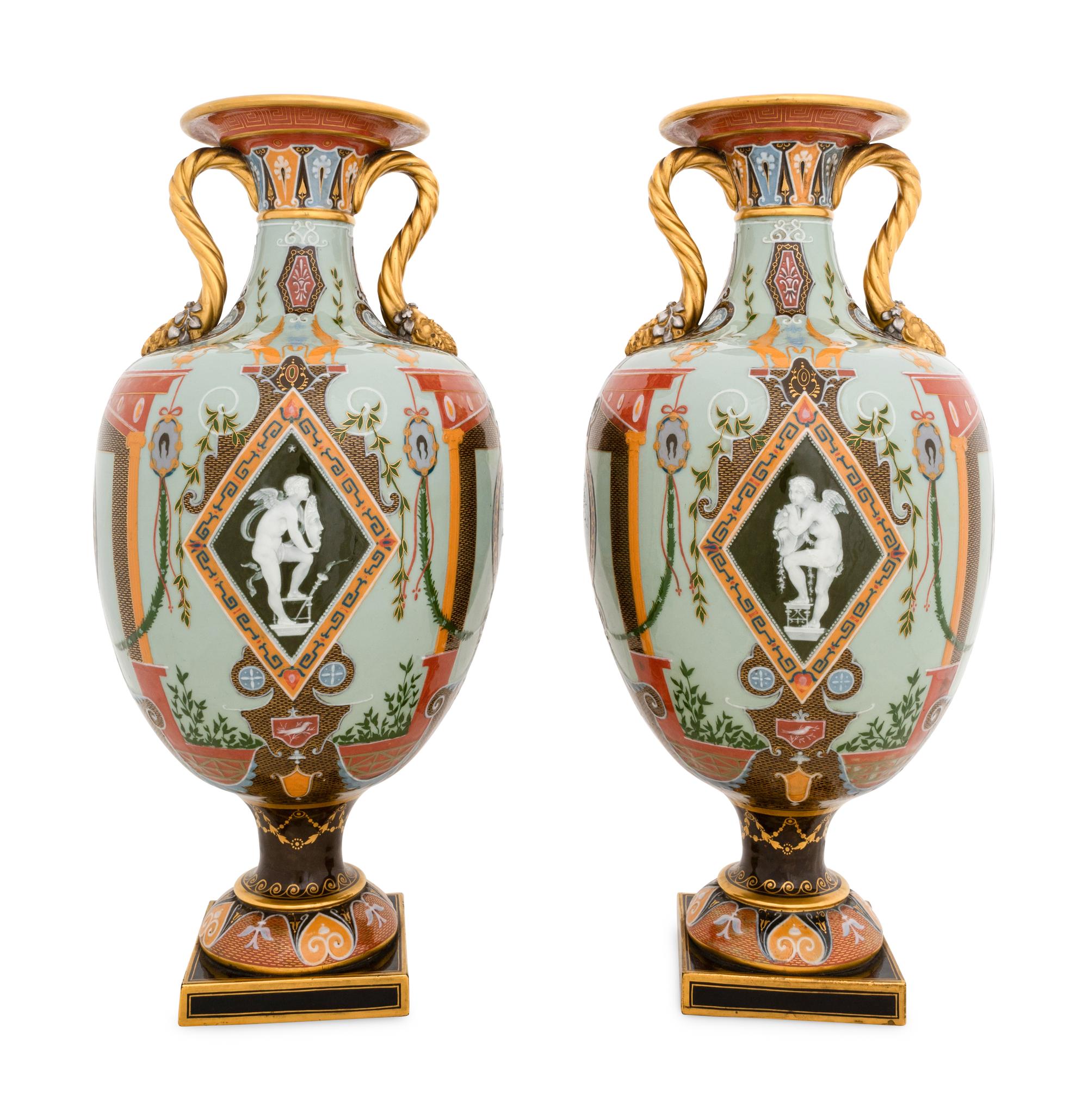 A Fine Pair of Mintons Pâte-sur-Pâte Celadon-Ground Exhibition Vases