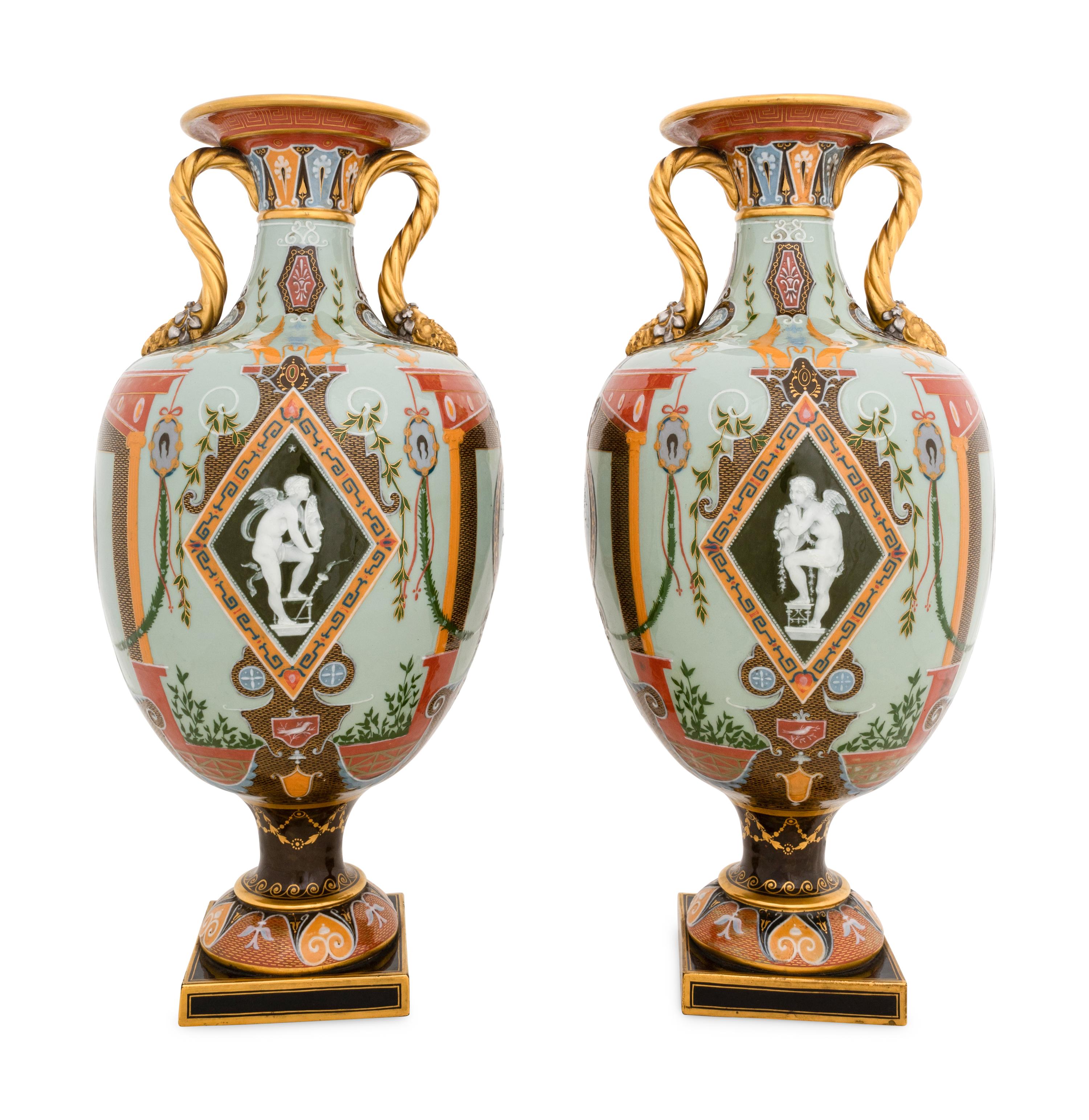 A Fine Pair of Mintons Pâte-sur-Pâte Celadon-Ground Exhibition Vases