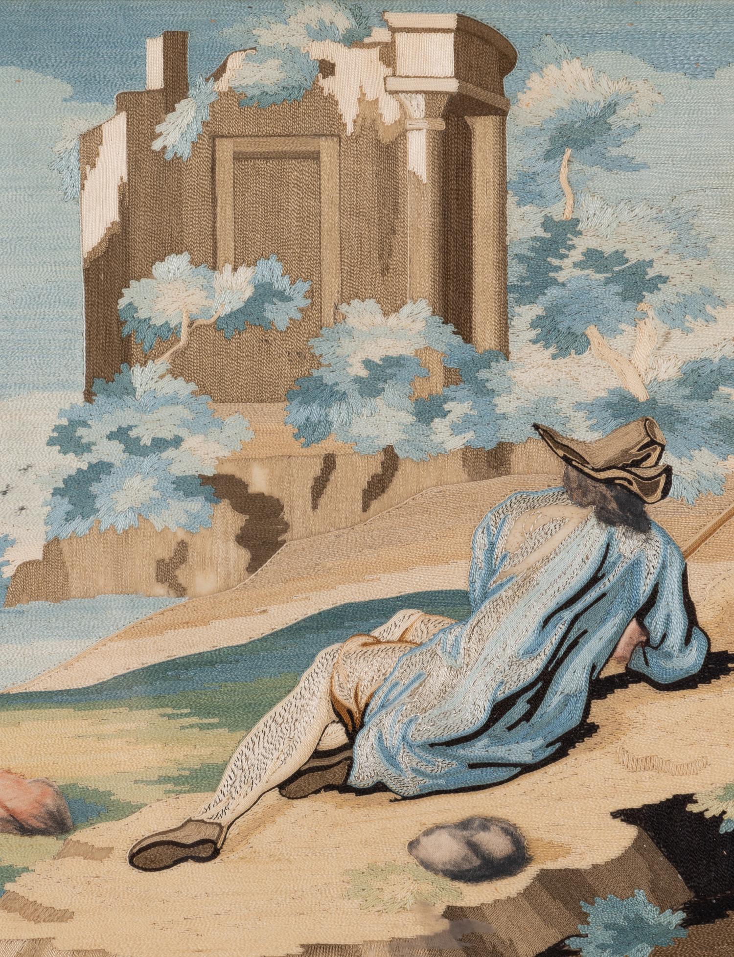 A Pair of Italian Silk and Metallic Thread Embroidered Landscape Panels by Marianna Elmo (b. 1730)