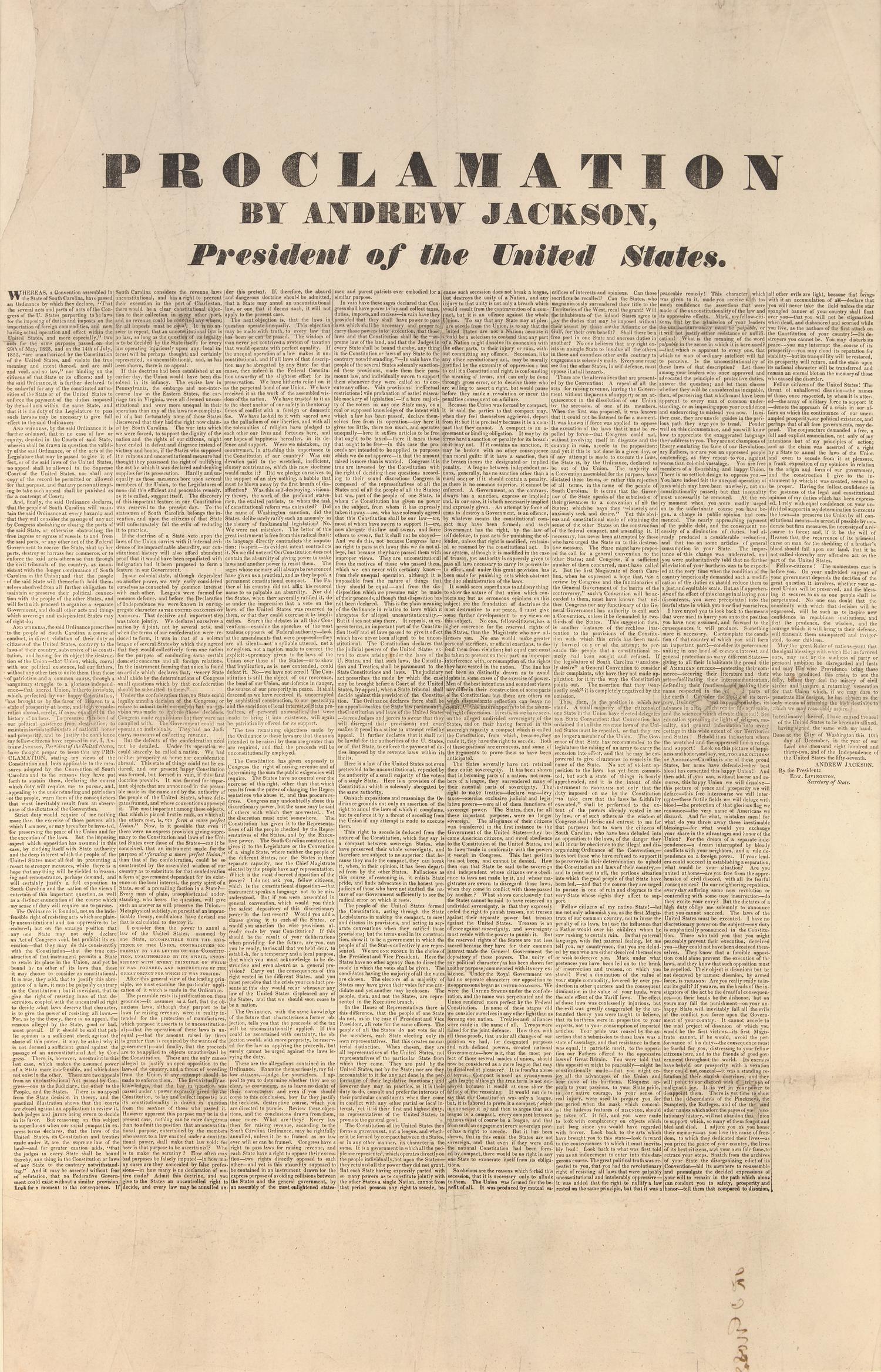 [NULLIFICATION CRISIS]. Proclamation by Andrew Jackson President of the United States. N.p., [10 December 1832].
