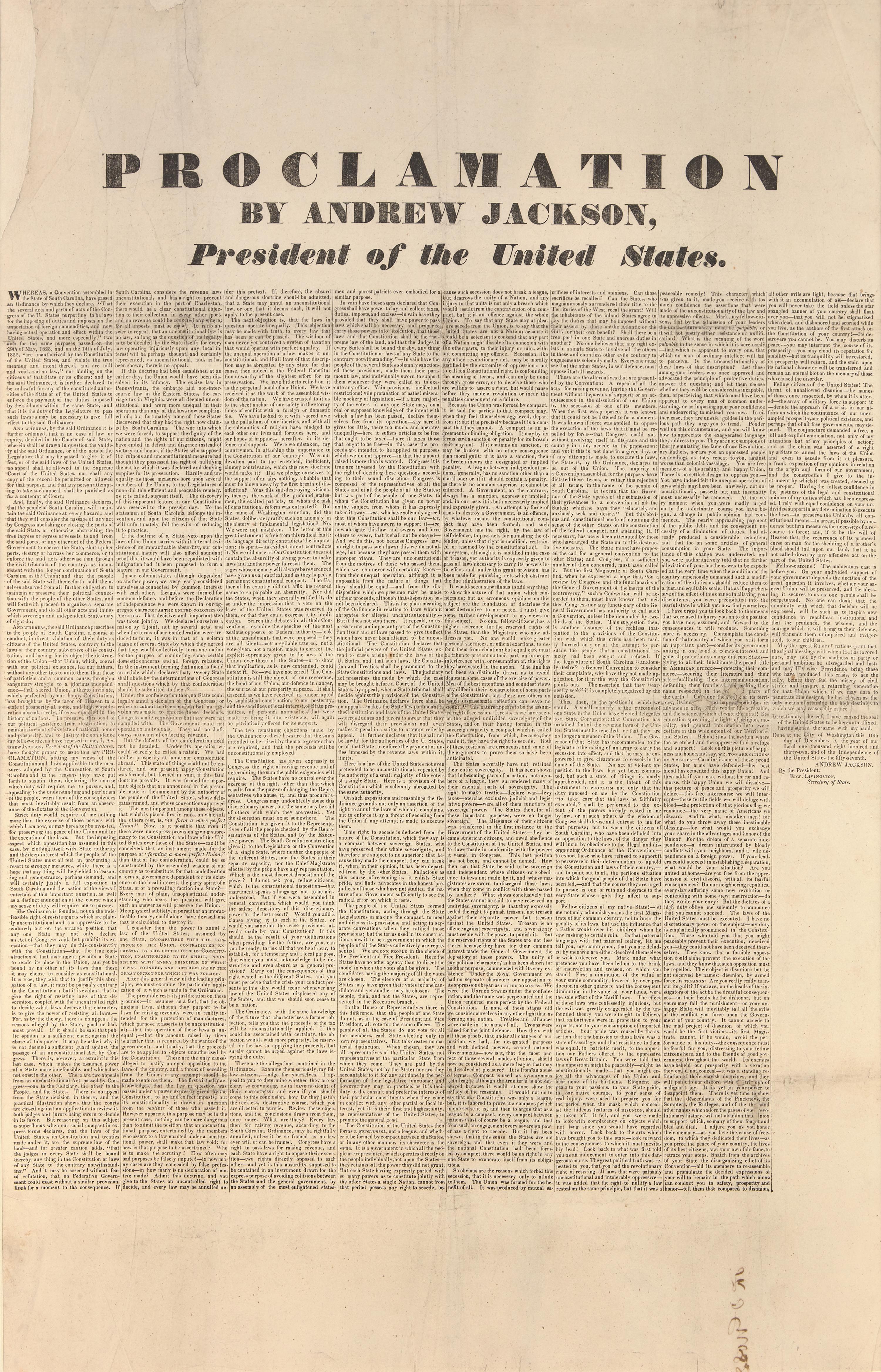[NULLIFICATION CRISIS]. Proclamation by Andrew Jackson President of the United States. N.p., [10 December 1832].