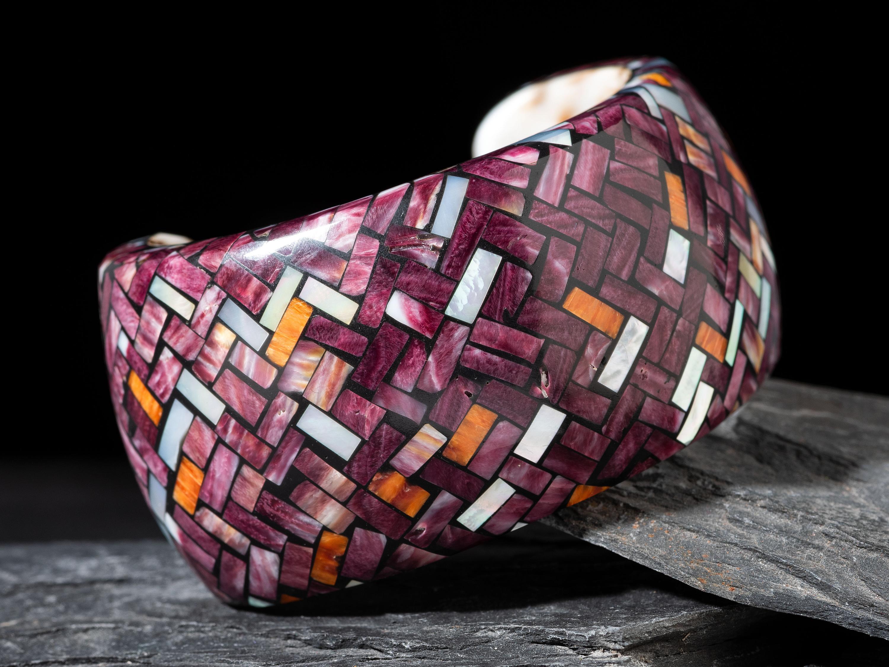 Mosaic Inlay Spiny Oyster Shell Cuff Bracelet