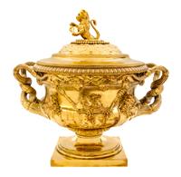 A George III Silver-Gilt Tureen, Benjamin Smith II & Benjamin Smith III, London, 1817, modeled after the Warwick vase, the lid with a l