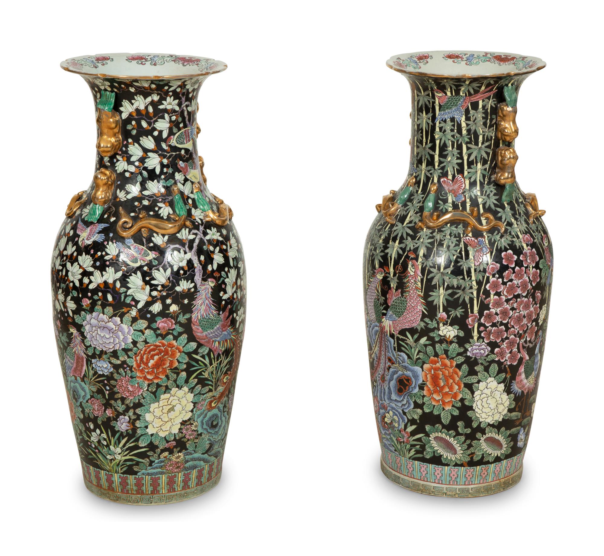 A Near Pair of Chinese Export Famille Noire Porcelain Palace Vases