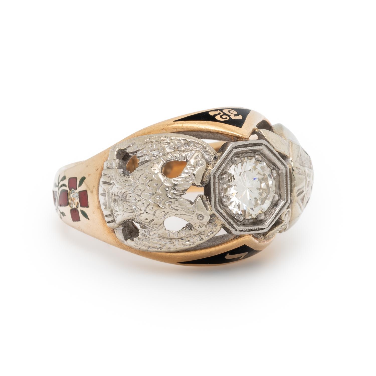 DIAMOND, ENAMEL, AND BICOLOR GOLD MASONIC RING