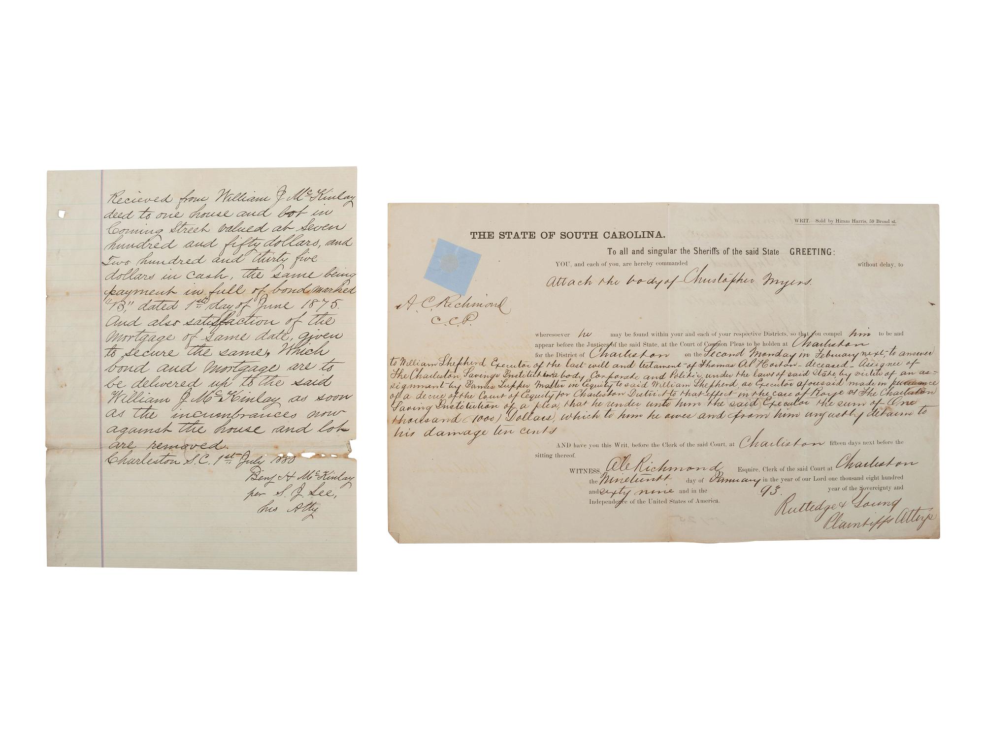 [POLITICS IN AMERICA]. A group of 8 items related to early African American politicians and government officials including Reconstruction-era Congressmen and attorneys.