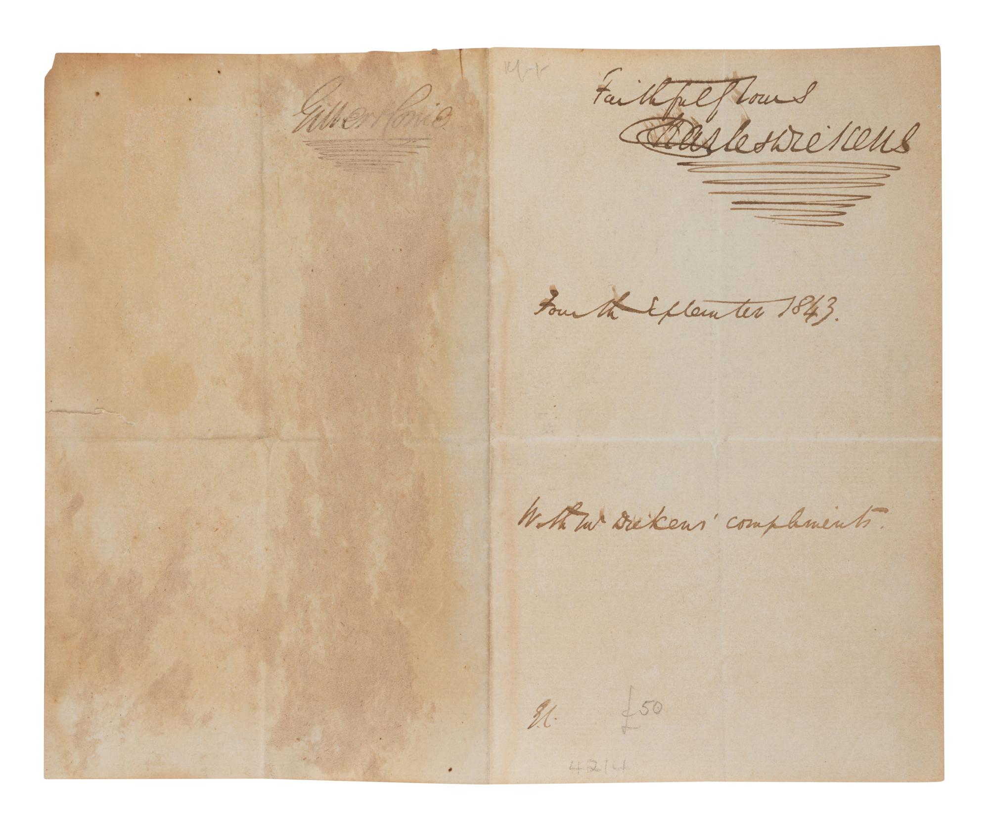 DICKENS, Charles (1812-1870). Autograph sentiment signed ("Charles Dickens"), ca 1843.