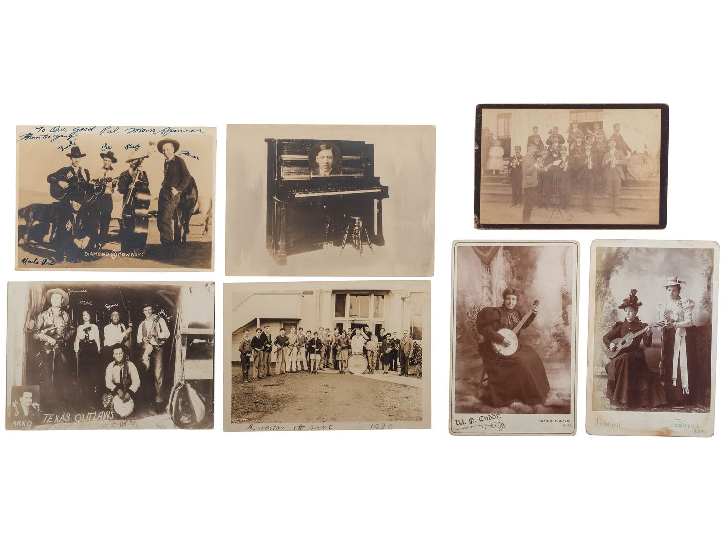 [ENTERTAINMENT]. A group of photographs and ephemera of early 20th-century entertainments, featuring bands, amusement parks, beaches, theater, camping, and the circus, including: