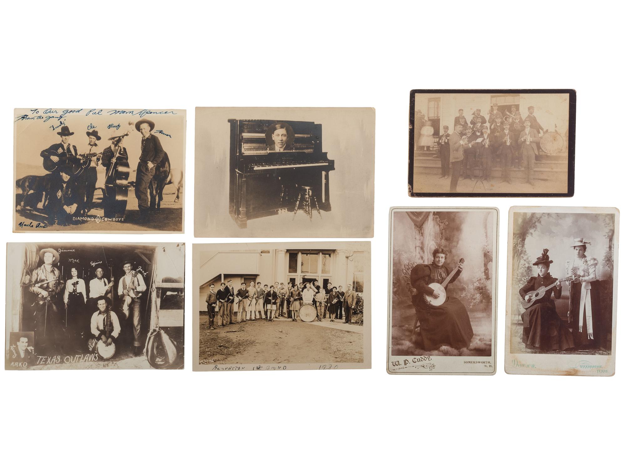 [ENTERTAINMENT]. A group of photographs and ephemera of early 20th-century entertainments, featuring bands, amusement parks, beaches, theater, camping, and the circus, including: